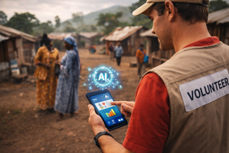 Bénévole humanitaire utilisant un smartphone et des outils numériques basés sur l’IA lors d’une mission de volontariat international en zone rurale