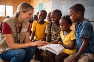 Volontaire échangeant avec une communauté locale lors d’une mission de volontariat international, avec l’appui d’outils numériques simples