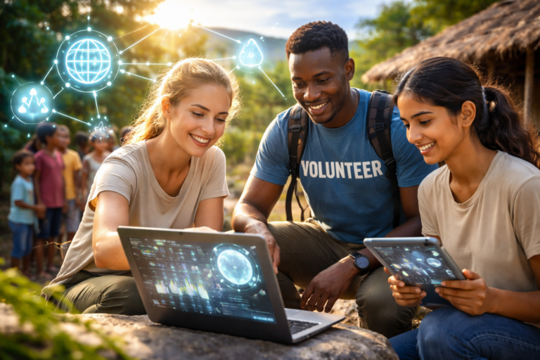 IA au service du volontariat : bénévoles utilisant des outils numériques sur le terrain en 2026