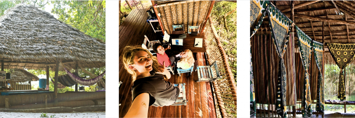 Hébergement en cabane rustique, bénévoles travaillant sur une terrasse en bois, décor intérieur d’une cabane traditionnelle avec rideaux colorés.