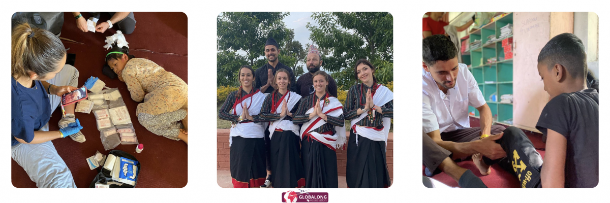 Bénévoles Globalong en mission d’ostéopathie au Népal entre soins, solidarité et découverte culturelle Mission de bénévolat en ostéopathie au Népal – bénévoles Globalong offrant des soins à des enfants et partageant un moment culturel en tenue traditionnelle