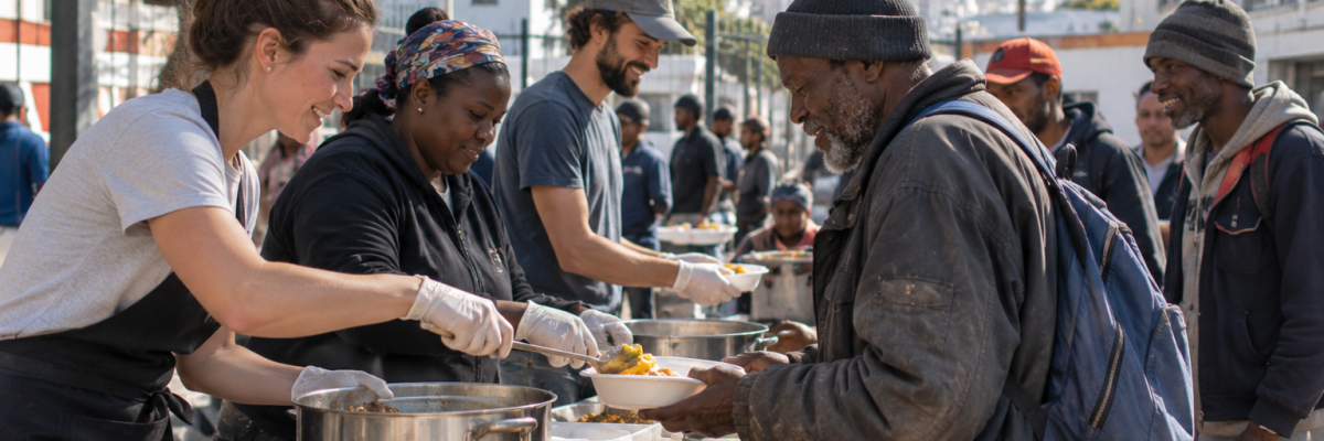 Bénévole distribuant un repas à une personne sans-abri en Afrique du Sud