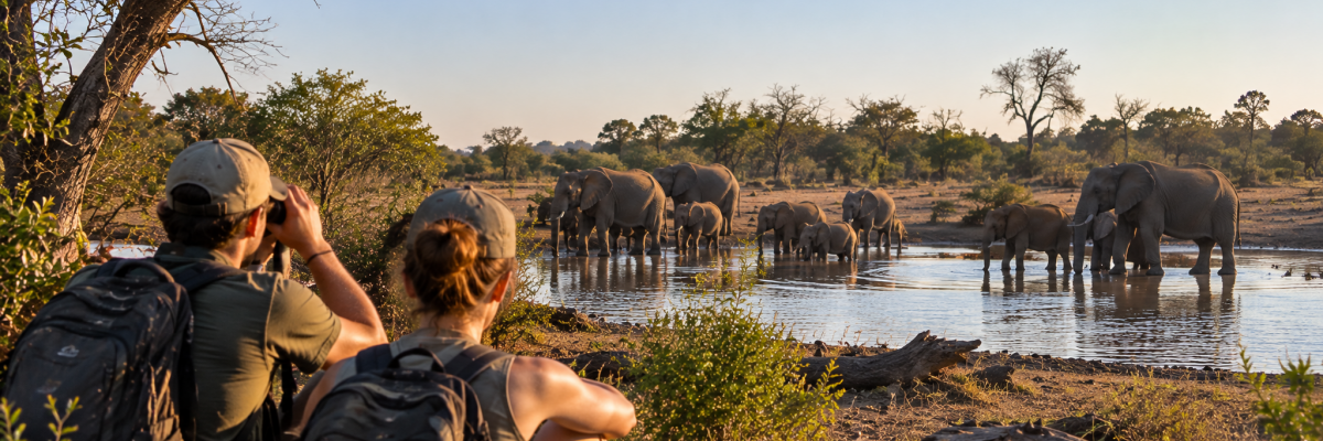 Volontaires observant un troupeau d'éléphants lors d'un projet de recherche en Afrique du Sud