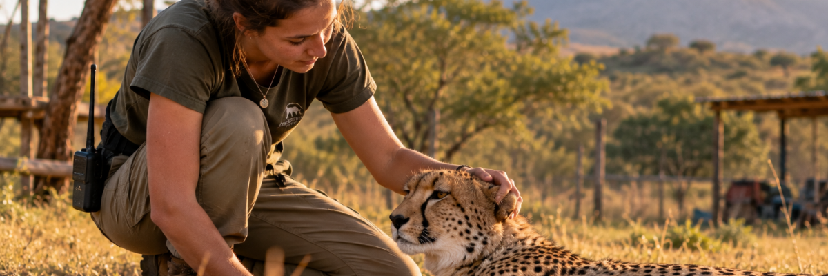 Professionnelle de la conservation auprès d'un guépard en Afrique du Sud