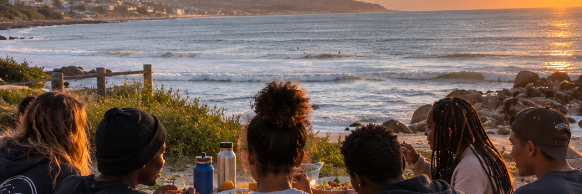 Jeunes partageant un repas ensemble en bord de mer au Cap