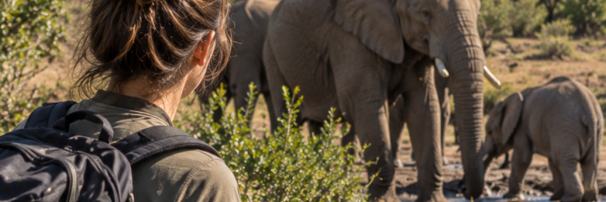 Volontaire observant des éléphants pendant un projet de recherche en Afrique du Sud