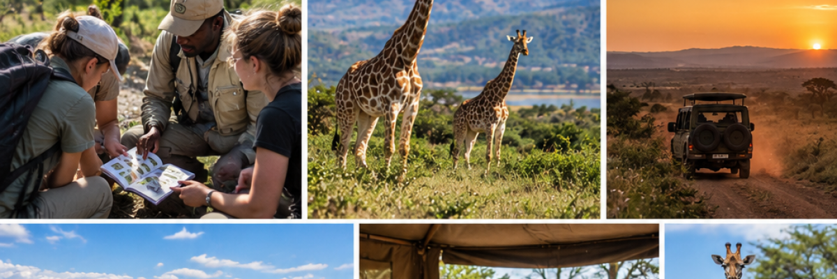 Participants suivant des girafes avec des jumelles et un carnet de terrain au Kenya