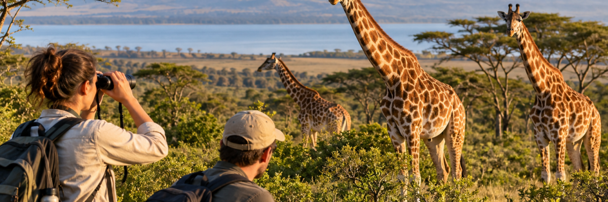 Bénévoles participant au suivi d'une girafe dans une réserve naturelle au Kenya