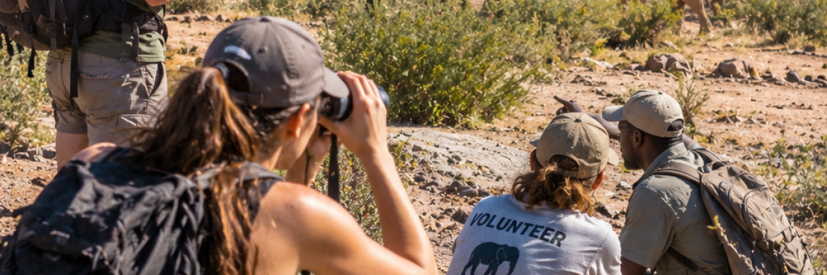 Volontaires observant des éléphants du désert pendant une mission de conservation en Namibie