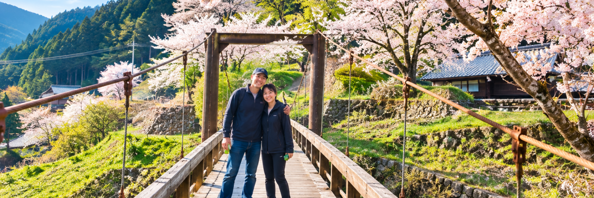 Pont traditionnel japonais entouré de cerisiers en fleurs au printemps