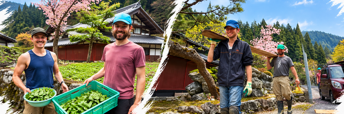 Deux bénévoles transportent une poutre en bois lors d'une mission de volontariat au Japon, dans un village rural.