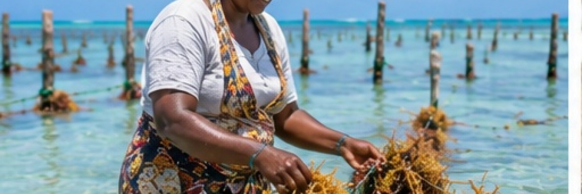 Femme récoltant des algues dans les eaux côtières de Zanzibar