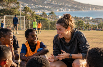 Bénévole échangeant avec de jeunes footballeurs sur un terrain en Afrique du Sud