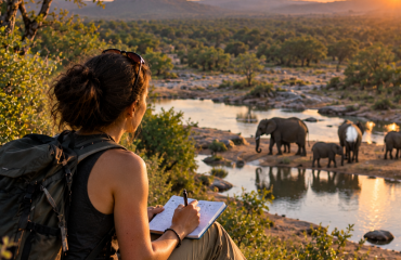 Participante collectant des données sur des éléphants près d'un point d'eau en Afrique du Sud