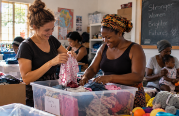 Participantes triant des vêtements destinés aux femmes et aux enfants dans un projet social en Afrique du Sud