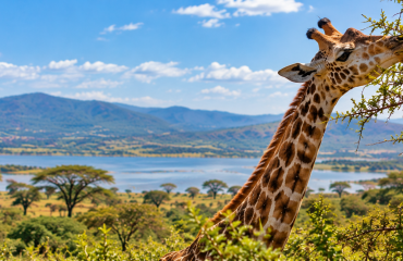 Girafe se nourrissant dans la végétation d'une réserve naturelle au Kenya