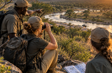 Équipe observant la réserve et étudiant la faune sauvage sur le terrain en Afrique du Sud
