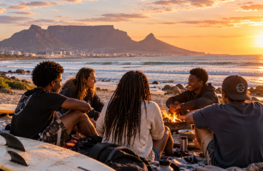 Jeunes réunis en bord de mer au coucher du soleil au Cap