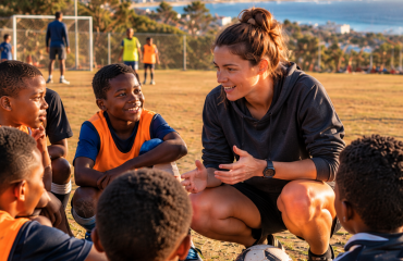 Jeunes échangeant avec une encadrante pendant une activité de football en Afrique du Sud