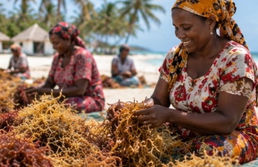 Femme triant et préparant des algues récoltées à Zanzibar