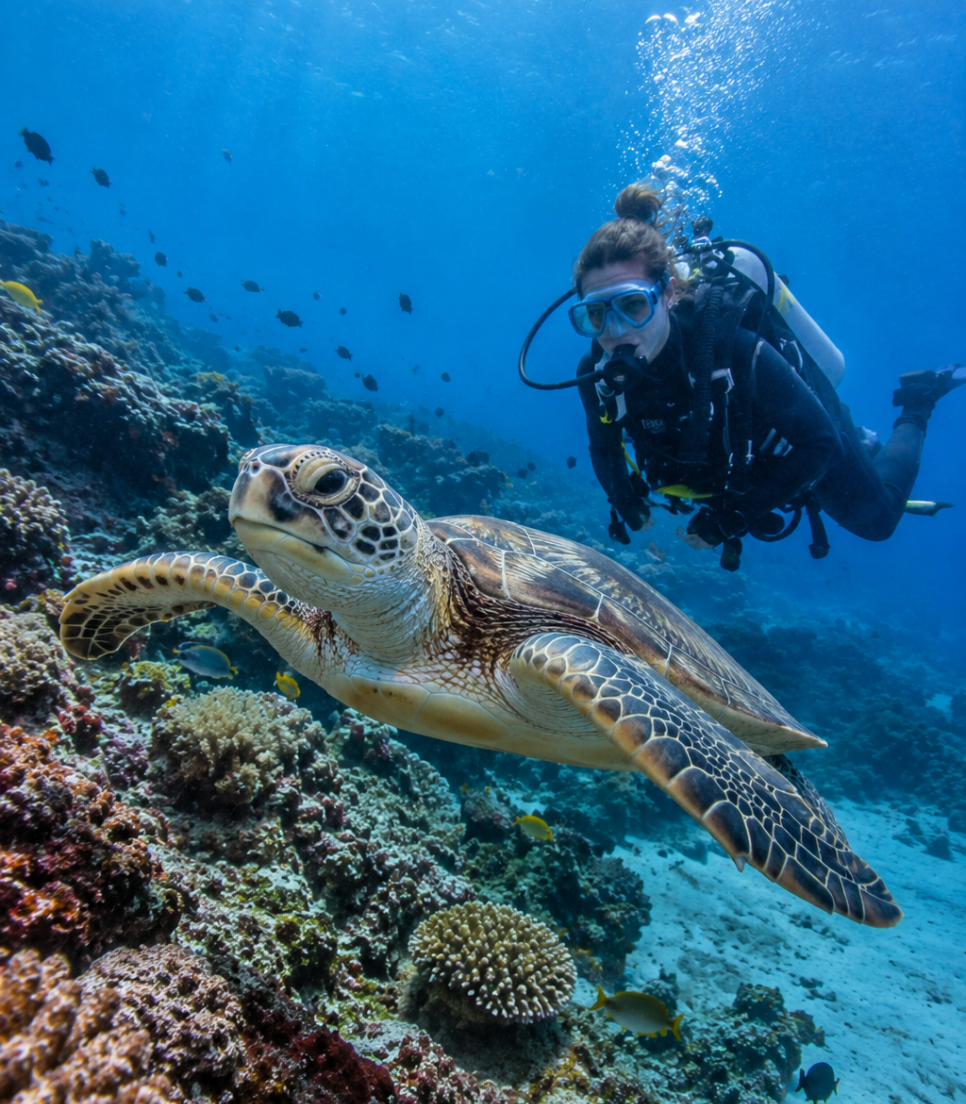 Plongeuse observant une tortue marine à Sodwana Bay en Afrique du Sud