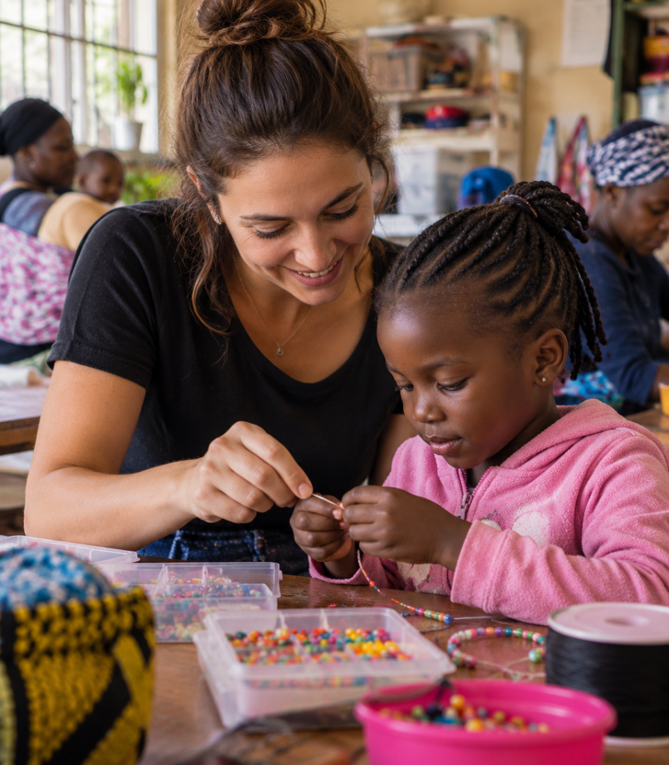 Participante accompagnant une enfant pendant une activité créative en Afrique du Sud