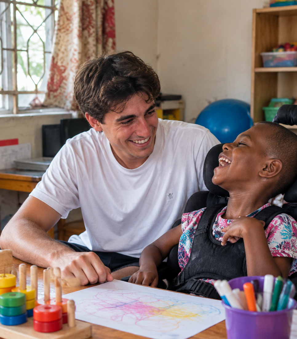 Bénévole assis avec des enfants dans une salle d'accueil à Arusha