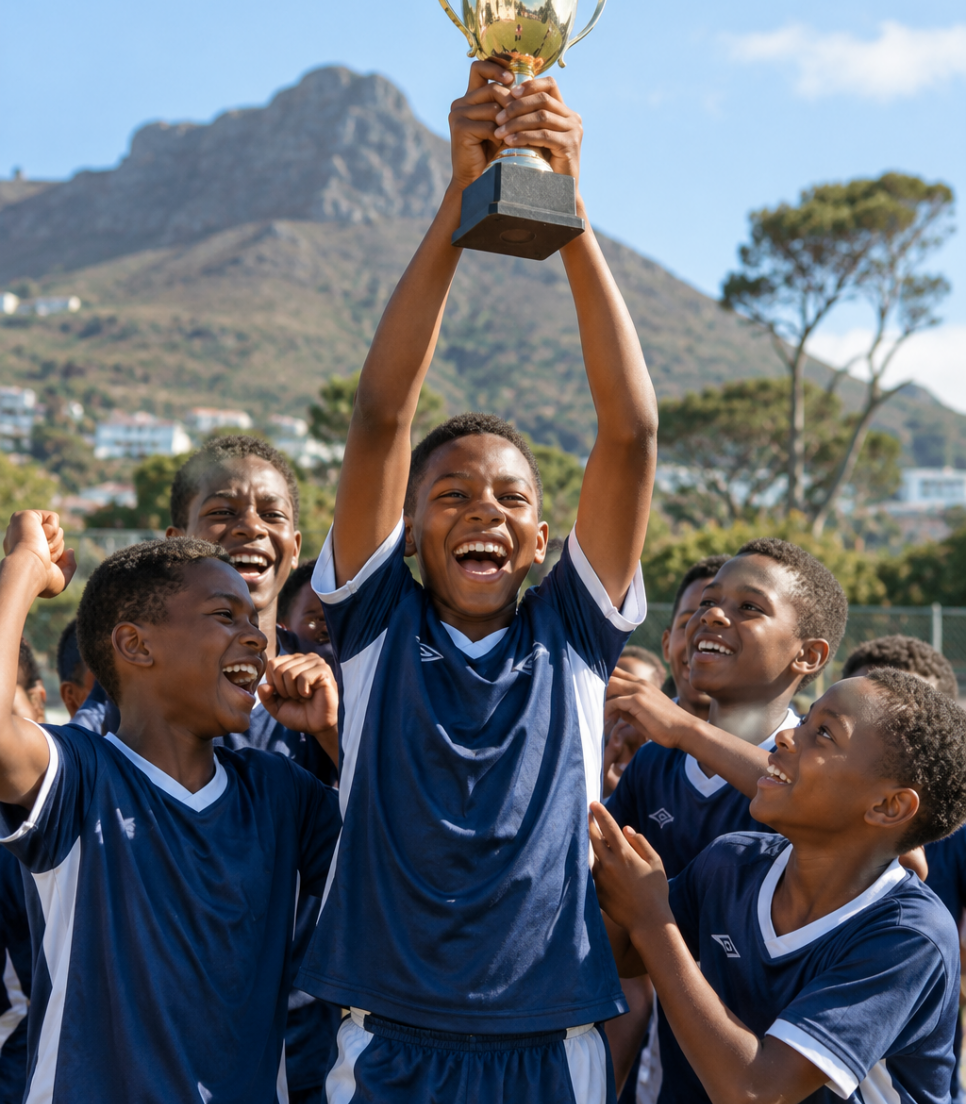 Jeunes footballeurs célébrant ensemble à Hout Bay en Afrique du Sud