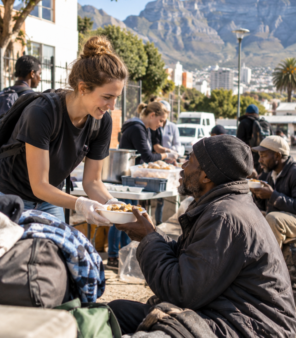 Bénévole distribuant un repas à une personne sans-abri au Cap en Afrique du Sud