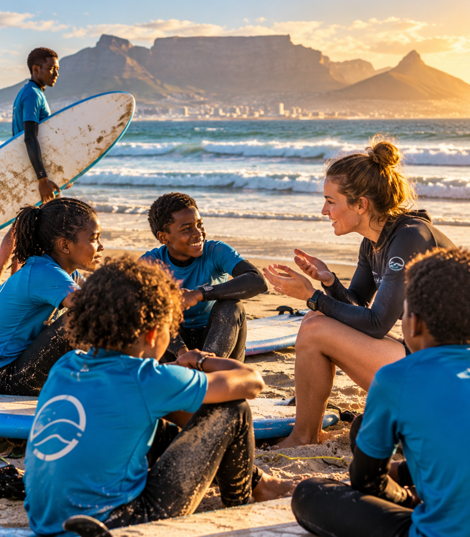 Jeunes échangeant avec une bénévole après une activité de surf au Cap