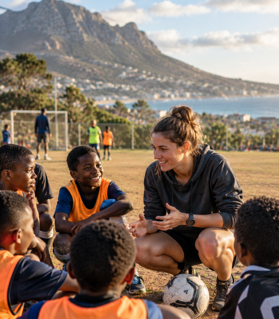 Bénévole échangeant avec de jeunes footballeurs sur un terrain en Afrique du Sud