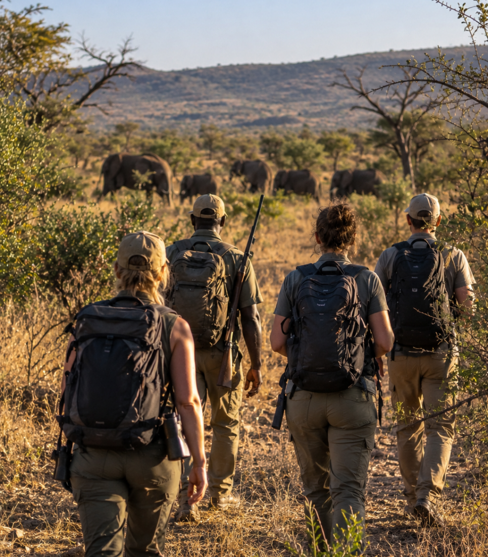 Participants observant des éléphants lors d'un suivi de la faune sauvage en Afrique du Sud