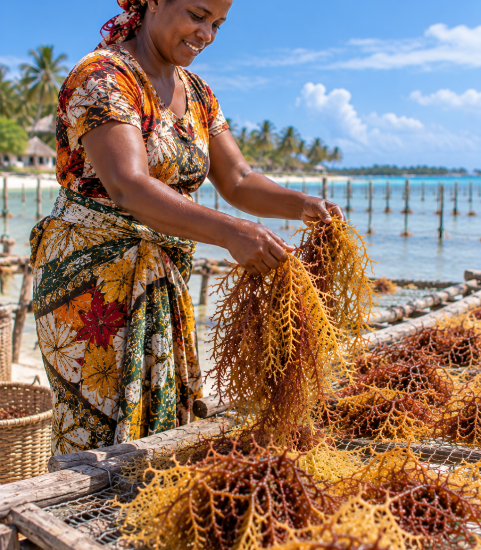 Femme disposant des algues pour leur séchage à Zanzibar