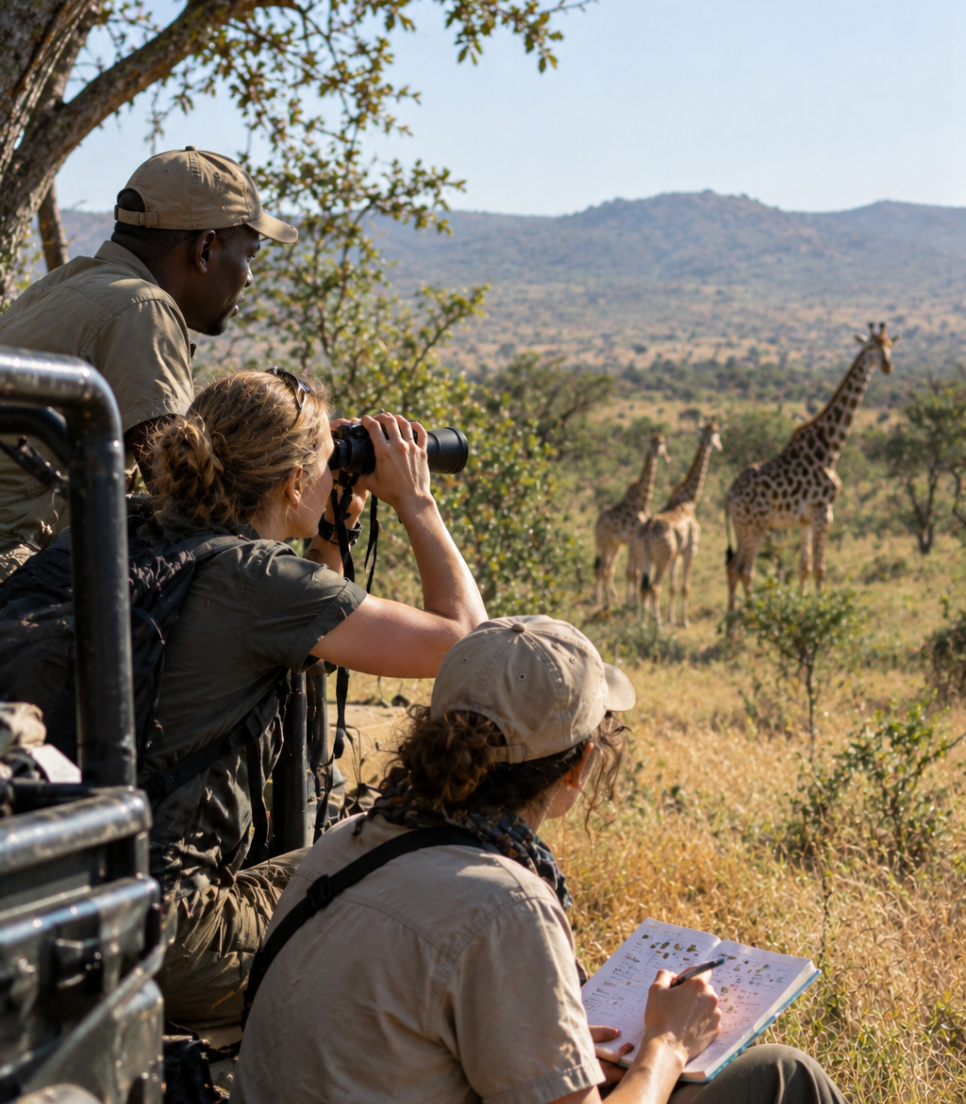 Participants observant des girafes et collectant des données sur la faune sauvage en Afrique du Sud