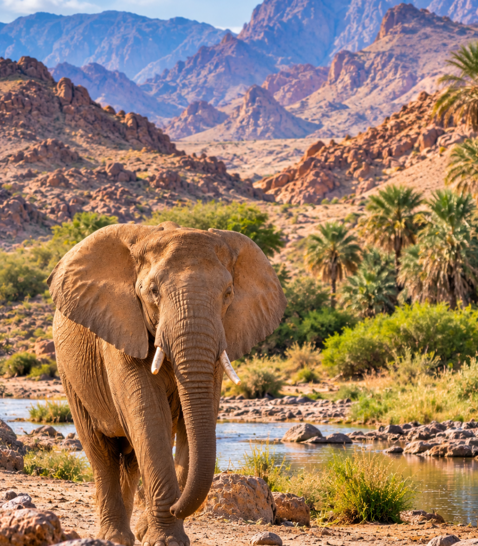 Éléphant sauvage près d’un point d’eau dans le nord-ouest de la Namibie