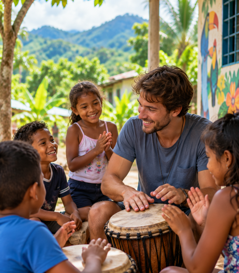 Bénévole participant à une activité collective avec des jeunes au Costa Rica