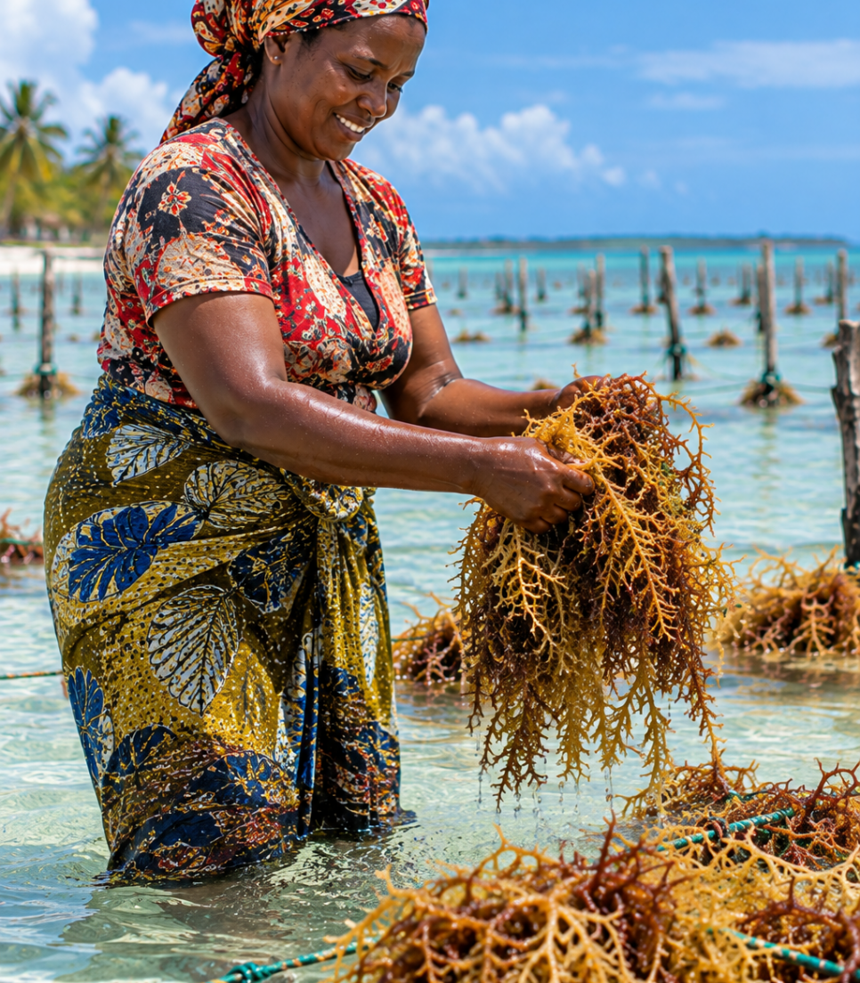 Femme récoltant des algues dans les eaux côtières de Zanzibar
