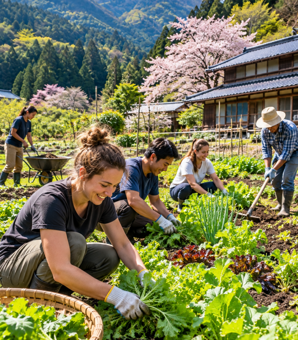 Volontaires récoltant des légumes dans un potager au Japon, avec une maison traditionnelle et des montagnes en arrière-plan