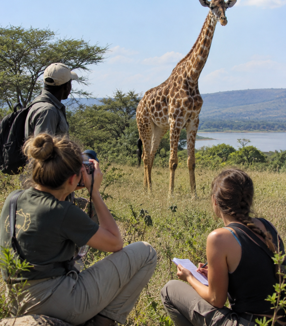 Bénévoles observant des girafes lors d'une mission de conservation au Kenya