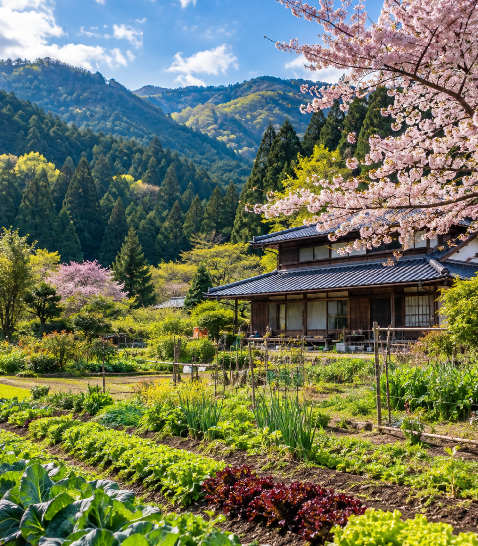 Potager et maison japonaise traditionnelle entourés de cerisiers en fleurs et de montagnes au Japon