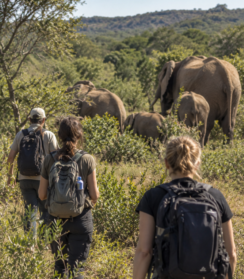 Volontaires observant des éléphants lors d'un projet de recherche en Afrique du Sud