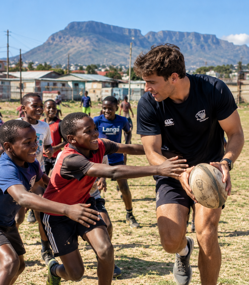 Participant encadrant des enfants pendant une activité de rugby en Afrique du Sud