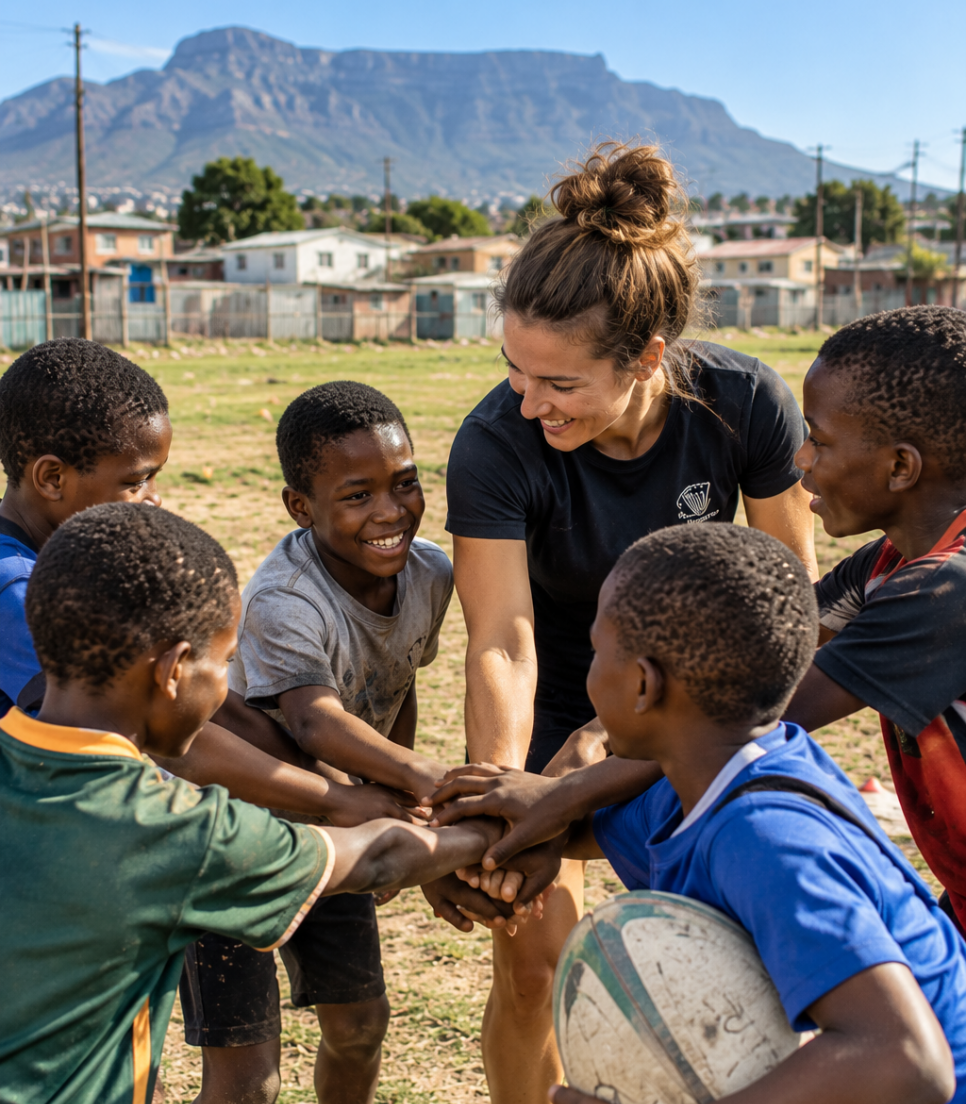 Participante encadrant un groupe d'enfants pendant une activité de rugby en Afrique du Sud